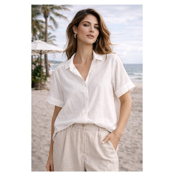 UNIGLO Linen Blend Open Collar Short Sleeve Shirt in Off White Lightweight Airy - Picture 15 of 15